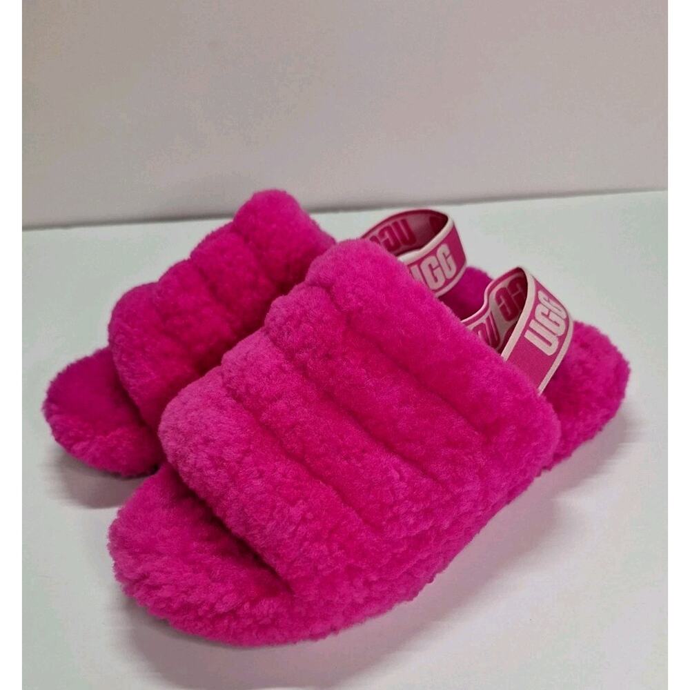 UGG Fluff Yeah Women’s US 6 Pink Shearling Fur Slide Slipper Logo Strap